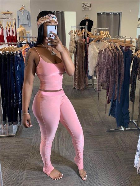 

hirigin new solid color sports suits women sets 2pieces sling camis crop stacked legging pants female tracksuit outfits, Gray
