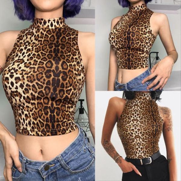 

2020 new leopard tank women high collar leopard camis clubwear turtleneck crop casual vest sleeveless leotard shirts, White