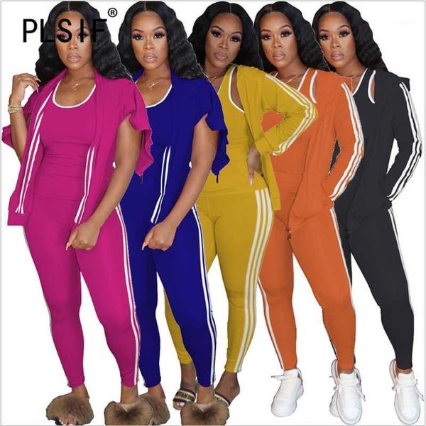 

european sporty women set long sleeve 3 pieces outfits striped patchwork casual slim matching suit1, Gray