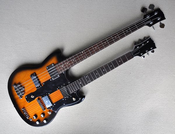 

factory custom double neck tobacco sunburst electric guitar with 6+4 strings bass,chrome hardware,black pickguard,offer customized