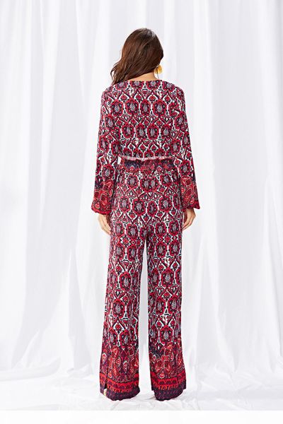 

new arrived printed boho jumpsuit beach flower print v-neck wide leg split rompers elegant women jumpsuitd long overalls 2019 spring, Black;white