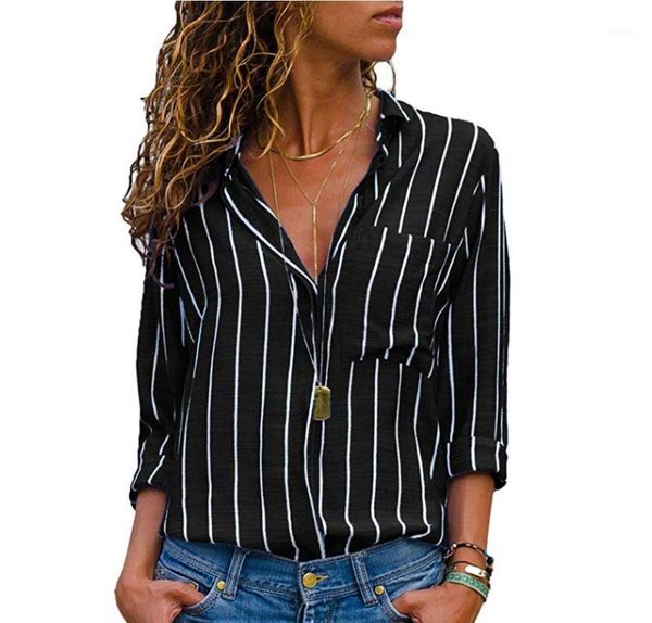 

women's blouses & shirts 2021 fashion women's striped shirt long sleeve lapel office large size casual chiffon1, White