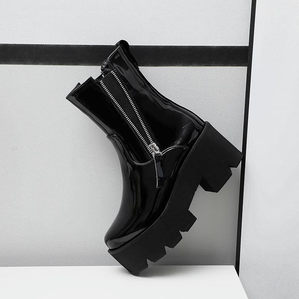 

chunky high heels platform women boots retro round toe women ankle boots side zipper winter party shoes woman, Black