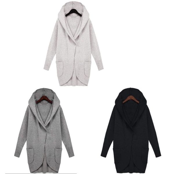 

new autumn winter women long sweater solid coats woolen hooded long cardigans casual sweater jumpers femmelong jacket, Black