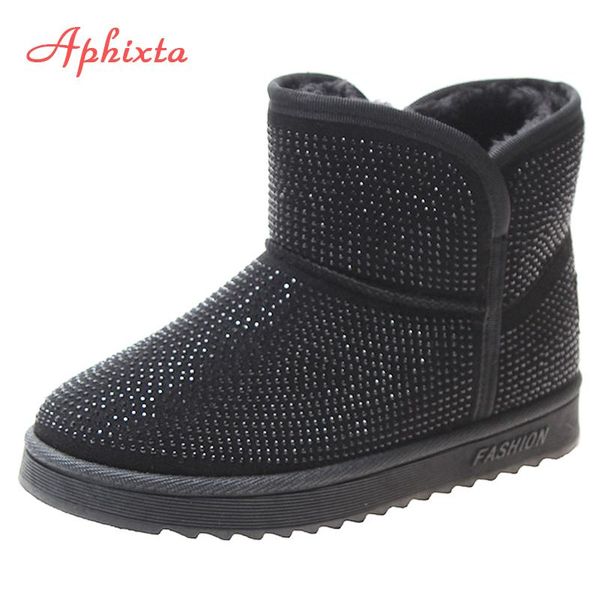 

aphixta winter warm snow boots women crystal snow boots bling bling strass rhinestones winter shoes puffy short booties, Black