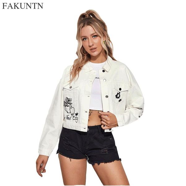 

women's jackets women denim jacket coats 2021 autumn winter fashion female coat vintage white printing outerwear jean, Black;brown