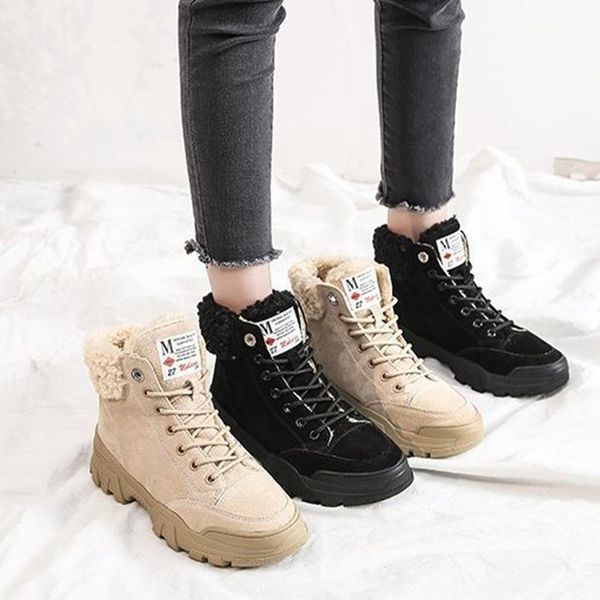 

women snow boots fur plush warm ladies sneakers ankle booties platform flats lace up botas mujer female footwear non-slip, Black