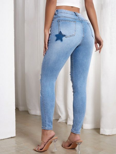 

star print ripped skinny jeans w8ru#, Blue