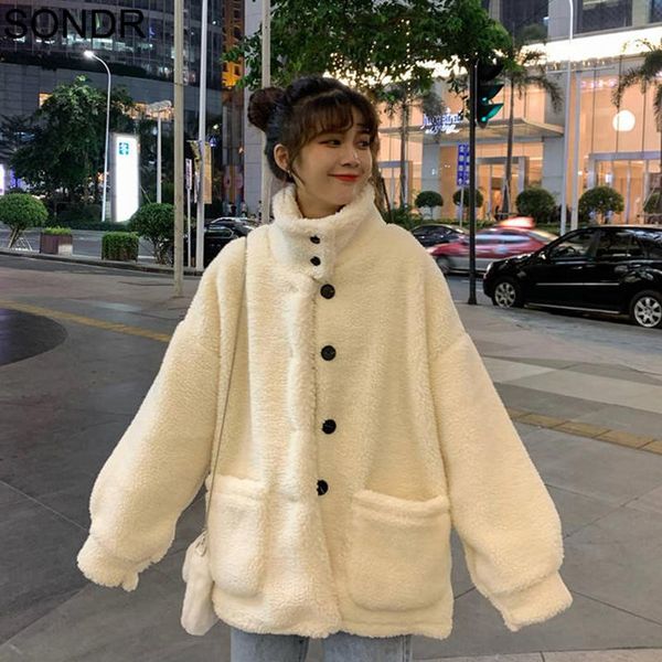 

women's fur & faux lamb plush coat 2021 winter turtleneck teddy jacket female korea loose casual cashmere thick warm white, Black