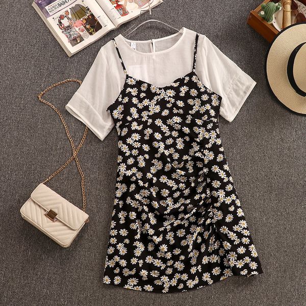 

summer short sleeve small daisies suspender dress two-piece set, Gray