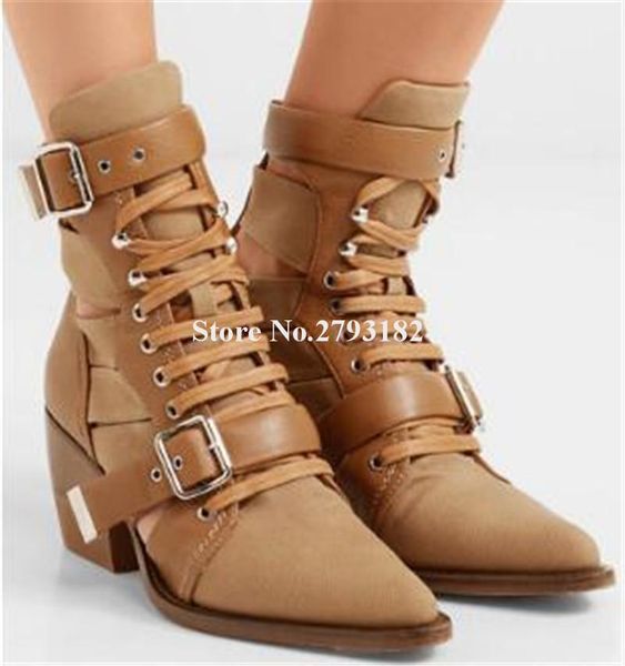 

boots women fashion pointed toe leather chunky heel short lace-up buckle cut-out ankle booties knight boots1, Black