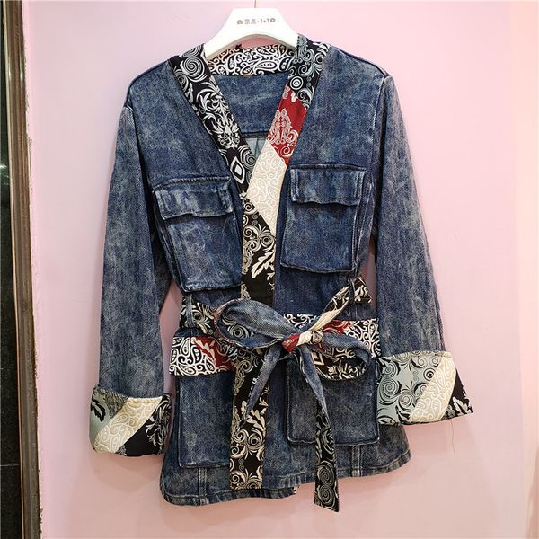 

[ewq] autumn new long sleeve outerwear turn-down collar streetwear loose casual women denim jacket vintage print overcoats 201112, Black;brown