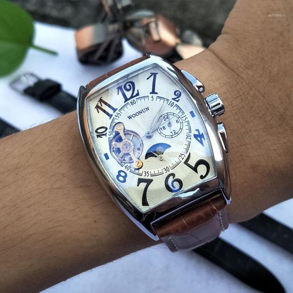 

fashion men watches men automatic mechanical watches tonneau moon phase waterproof montre homme1, Slivery;brown