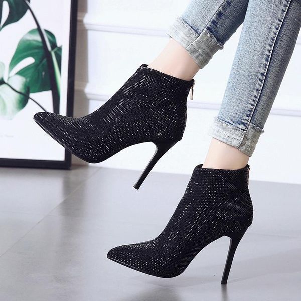 

boots thin high heel women ankle zip solid black pointed toe 2021 autumn winter sequins woman shoes y0096
