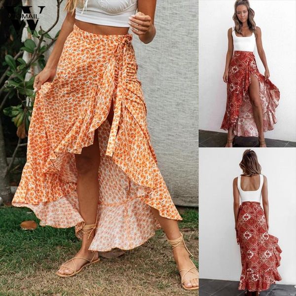 

skirt women summer boho print skirt high slit ruffles long skirt elegant high waist beach faldas mujer moda 2020, Black