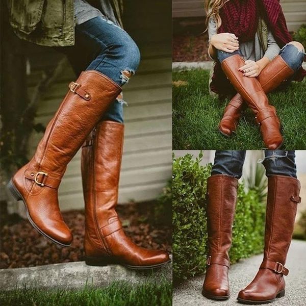 

boots 2021 spring/autumn knee high women zipper rome pointed toe square heels increased women's fashion party, Black