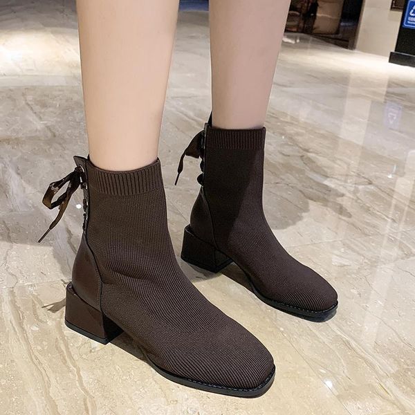 

boots square toe sock women knitted elasticity thick heel ankle cross strappy stretch fabric short, Black