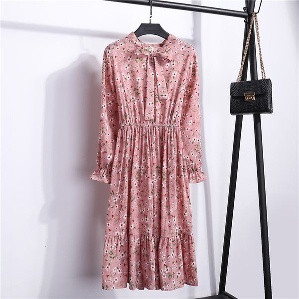 

elegant dress flower print long sleeve bow high waist shirt dress 2020 women casual spring vintage summer midi dress vestidos, Black;gray