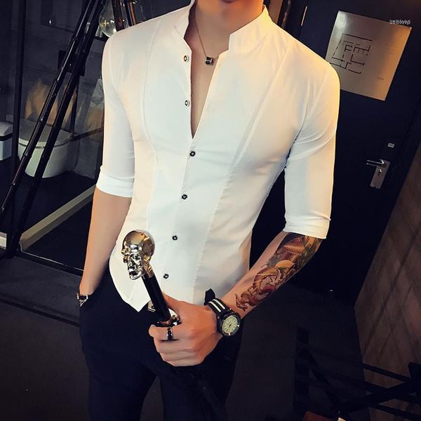 

the new summer 2017 men 7 minutes of sleeve shirt fashion collar shirt men's cultivate one's morality11, White;black