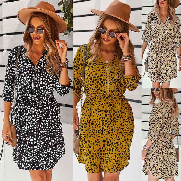 

casual dresses independent r & d dign of autumn and winter dresses 2022 leopard waist 7-point sleeve a-line skirt, Black;gray