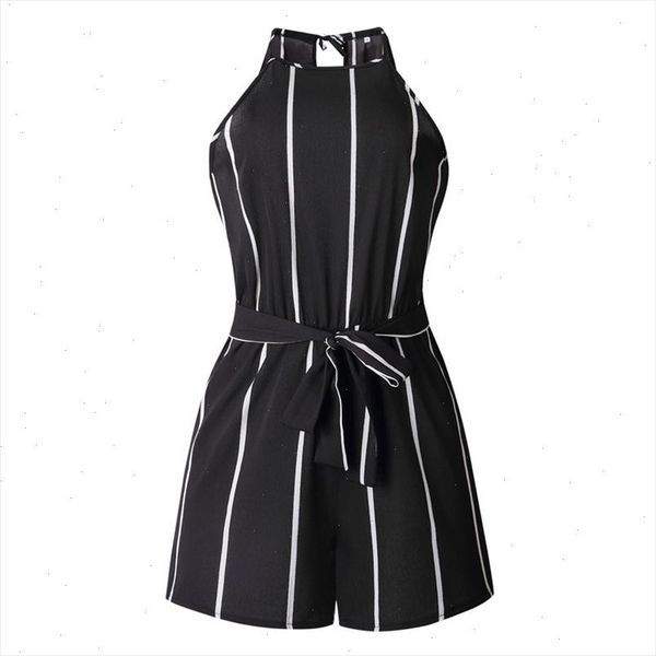 

2021 stripe bandage playsuit sleeveless loose casual o neck beach party overalls for women blue catsuit combishort femme ete wy*, Black;white