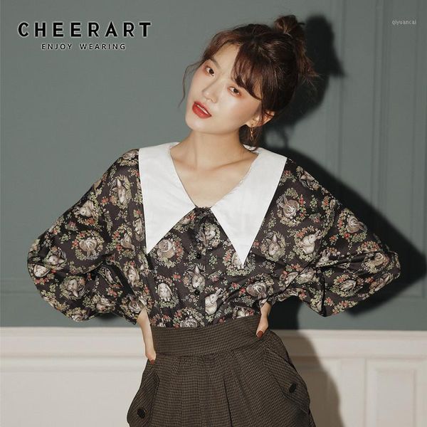 

cheerart vintage fall 2020 long sleeve blouse women lantern sleeve collar button up shirt print loose ladies japanese style1, White