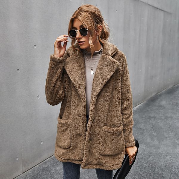 

2021 new women wool coat long sleeve single breasted fashion turn collar female pocket elegant casual winter outwear solid nv5y, Black