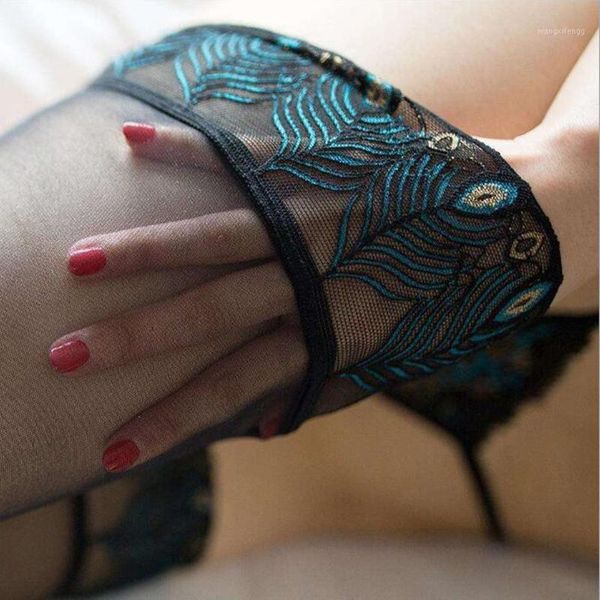 

retro peacock pattern stockings women lace transparent thigh high stockings silicone hold up medias lingerie1, Black;white