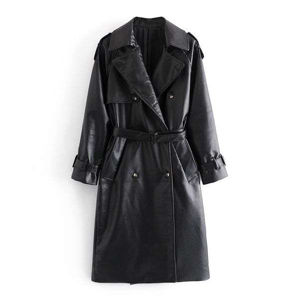

2021 new faux leather coat lapel long sleeves women windproof jacket with belt windbreaker chic outwear 3ytw, Black