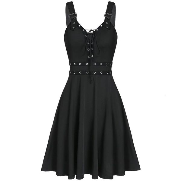 

womens gothic punk sleeveless strap sling dress elegant strap backless a line party strapless dress female, Black;gray