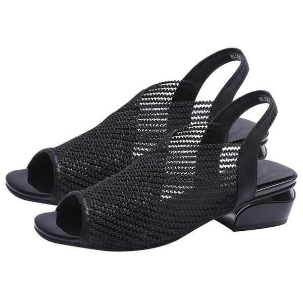 

2021 new summer women sandals fashion air mesh thick med heels shoes female peep toe comfortable sandalias de las mujeres, Black