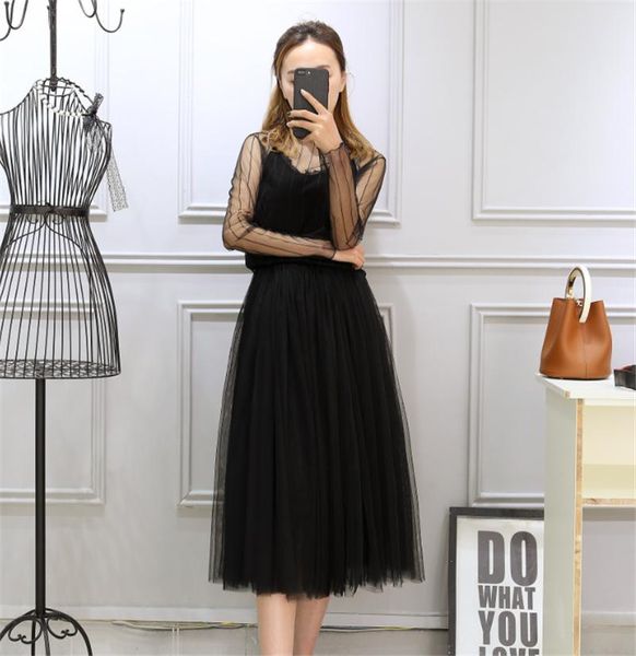 

sweet women's net yarn skirt midi skirt cute spring 2021 multilayer elastic high waist a line color black white
