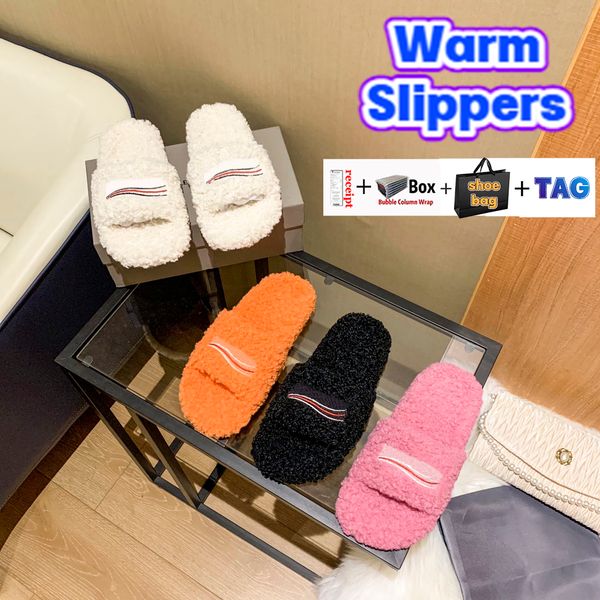 

women furry slippers winter designer warm slipper fur slides political campaignc with box black white soft comfortable women shoes pink