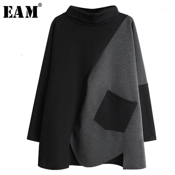 

eam] women gray contrast color split big size t-shirt new turtleneck long sleeve fashion tide spring autumn 2019 19a-a4331, White