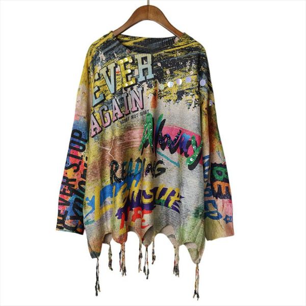 

gold print harajuku plus size knit sweater women sequined long sleeve graffiti vintage large size korean jumper autumn lt843s30, White;black