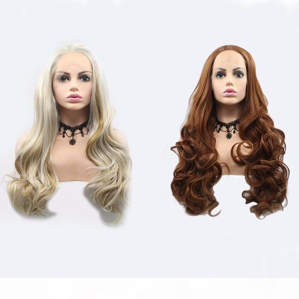 

blonde highlight color synthetic lace front wigs body wave honey brown lace frontal wigs for women heat resistant fiber, Black