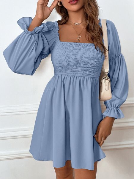 

gathered sleeve shirred waist dress q3qm#, Black;gray
