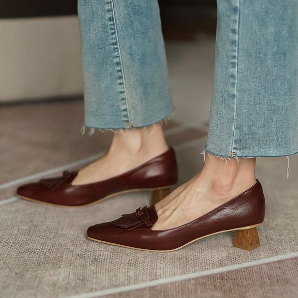 

2021 new genuine leather fringe pumps ladies retro square toe shoes strange high heels tassel slip on causal shoes spring, Black