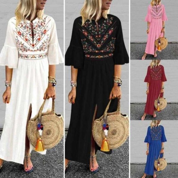 

loose 2019 new women's ethnic style mid sleeve print stitching a-line dress, Black;gray