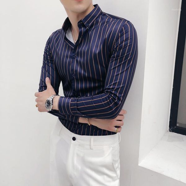 

men's brand shirt homme korean fashion casual striped dress shirt formal business slim long sleeve social1, White;black