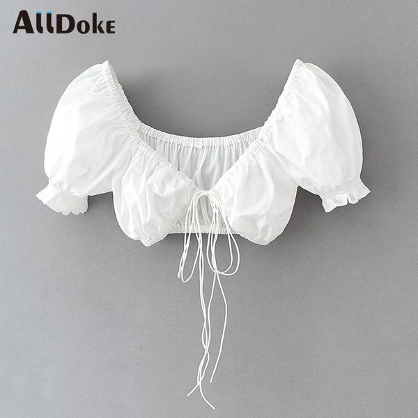 

alldoke lace up blouse women summer deep v neck puff sleeve crop shirt femme ladies party blouses blusas feminina, White