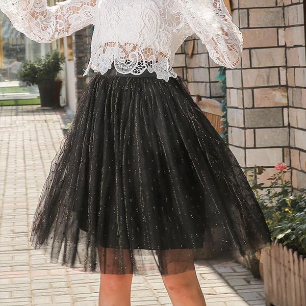 

sweet mesh chiffon ball grown women skirt pleated solid kawaii empire skirts female casual knee length cute party skirt, Black