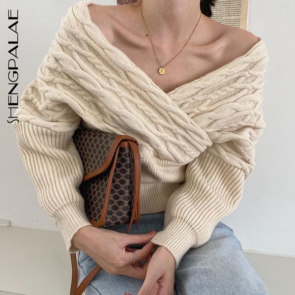 

shengpalae 2020 korean chic autumn women's knitted pullover v-neck cross-clavicle loose versatile lantern sleeve sweater zt1259, White;black