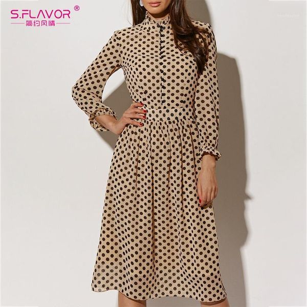 

s.flaovr vintage ruffles stand collar dress autumn polka dot print button a line mid dresses for women long sleeve retro dress1, Black;gray