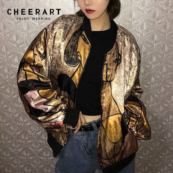 

cheerart harajuku gold jacket print satin jacket loose designer coats glitter thin baseball jacket streetwear autumn y200101, Black;brown