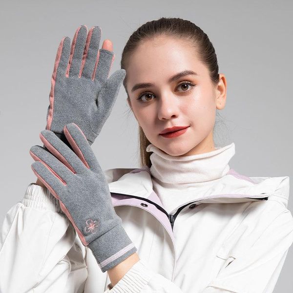 

five fingers gloves winter windproof cold proof outdoor sports touch screen driving motorcycle skiing non-slip warm fleece women, Blue;gray