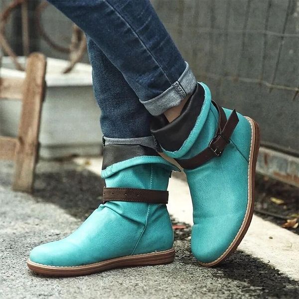 

women ankle boots woman leather buckle short boots women's autumn casual slip on sho ladies round toe footwear plus size 35-43, Black