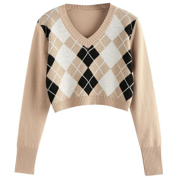 

women's sweaters women v neck argyle crop sweater long sleeve pullover elegant knit vintage geometric knitwear fashion autumn, White;black