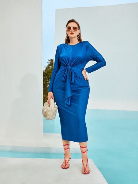 

plus tie front split hem dress y0a5#, Black