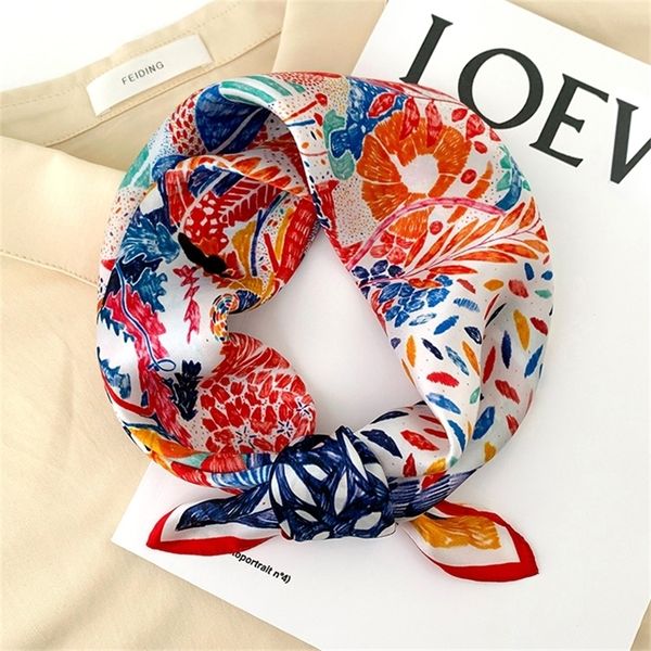 

100% pure silk scarf women neck hair band foulard square small headband fashion print neckerchief scarves bandana y201007, Blue;gray
